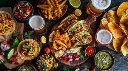 Overhead shot of tacos, chips, fries, salsa, guacamole, and beer on a wooden table top view