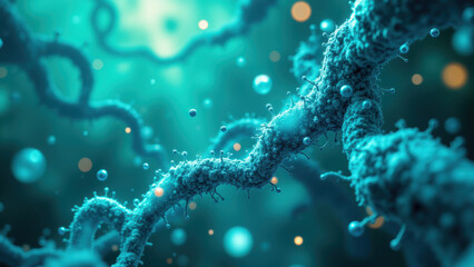 Fototapeta premium NAD+ Supplement Image - Molecular Structure with Blue Fluorescent Bubbles