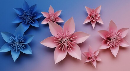 Obraz premium Pastel Origami Flowers Soft Light Background. AI Generated