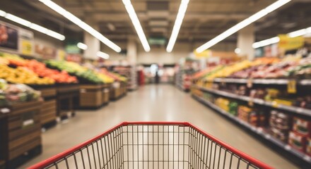 Empty Shopping Cart Supermarket Aisles Bright Lighting. AI Generated