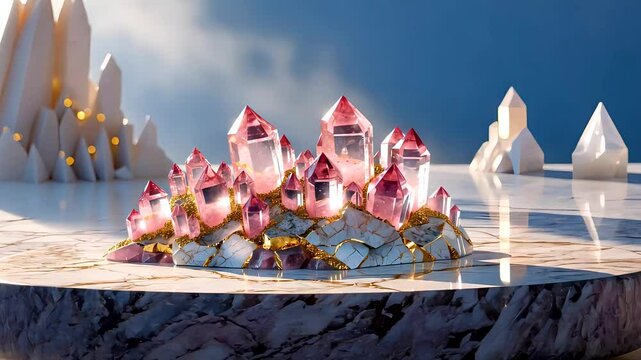 Sparkling pink and white quartz crystals displayed on polished stone surface
