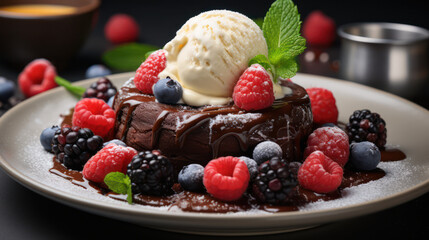 Decadent chocolate dessert topped with ice cream, fresh berries, and mint leaves, creating delightful treat for any occasion