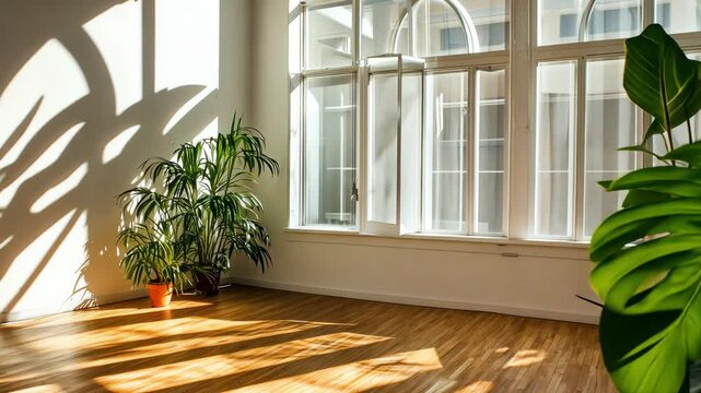 A spacious interior bathed in natural light showcases large windows and vibrant plants that lend a calming influence. The warm wooden floor complements the inviting atmosphere