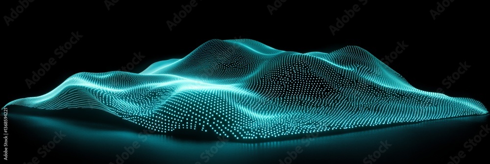 Poster digital waves forming an abstract landscape with glowing dots and lines in a fluid design