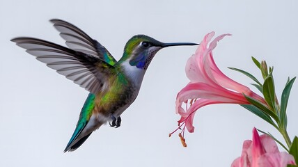 Obraz premium Nature's Elegance: Hummingbird Extracting Nectar from Flower