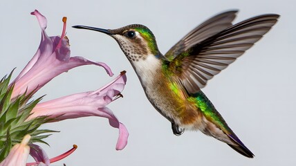 Fototapeta premium Vibrant Green Hummingbird Feeding on Delicate Pink Bloom