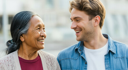 Fototapeta premium Elderly asian female and young caucasian male smiling together outdoors