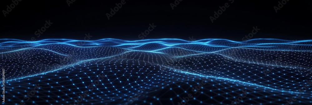 Poster futuristic blue wave grid with glowing lines creating a sense of depth and digital movement