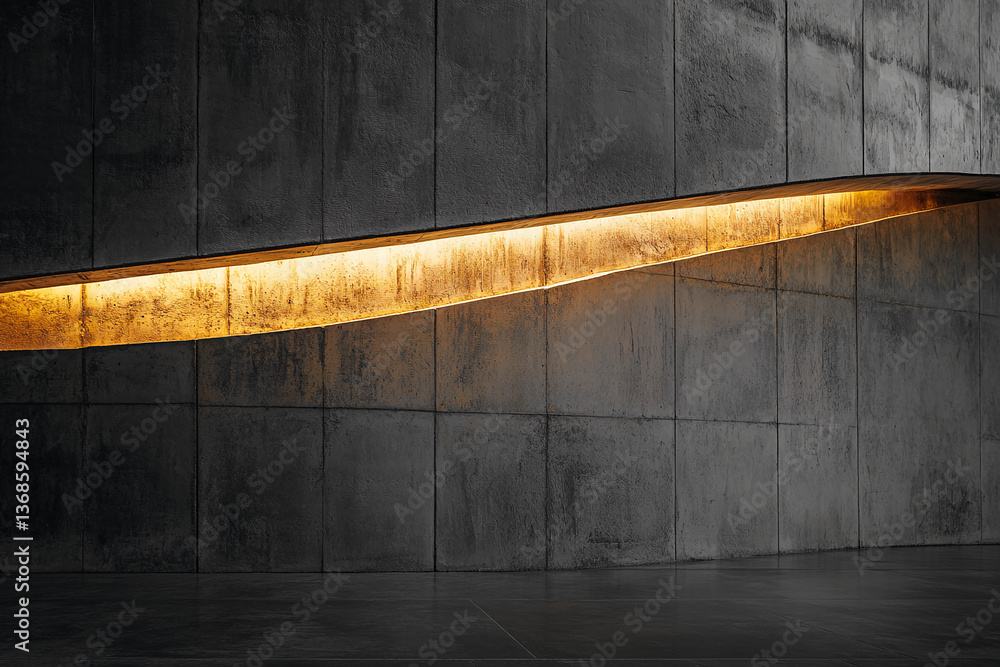 Poster Dark gray concrete wall with illuminated angled recess, creating a dramatic and modern showcase ideal for product display or design presentation