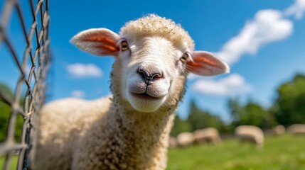 Obraz premium Cute lamb enjoys a sunny day on a farm in springtime with green grass and a blue sky in the background