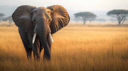 Fototapeta premium Majestic African elephant calmly traversing golden savanna grasslands under warm morning light.