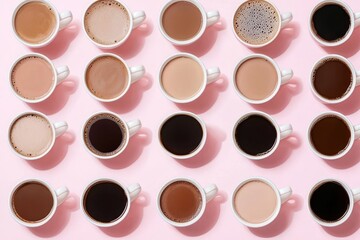 Colorful Coffee Varieties Displayed on Pink Background