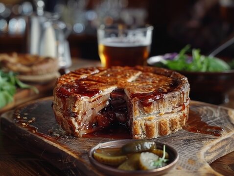 Hearty pork pie with a thick crust, sliced and accompanied by Branston pickle and watercress in a cozy pub atmosphere