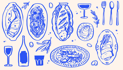 Whimsical Hand Drawn Foods Doodle Mediterranean Matisse Italian Food and Drink, Pasta, Summer Tropical and Sea Food Line Drawing Isolated Vector