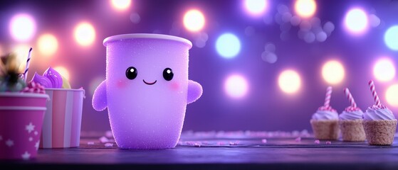 A cute animated purple cup character surrounded by delightful desserts and colorful lights.