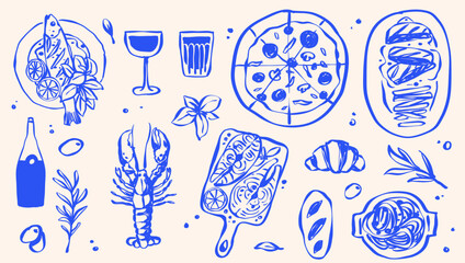 Whimsical Hand Drawn Foods Doodle Mediterranean Matisse Italian Food and Drink, Pasta, Summer Tropical and Sea Food Line Drawing Isolated Vector