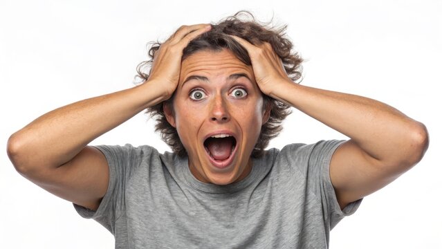 A woman's gasp of shock and disbelief, hands flying to her head in a moment of utter surprise, captured in a bright, close-up shot.