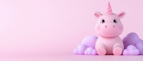 A cute pink unicorn toy surrounded by pastel-colored clouds on a soft pink background.