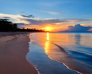 Serene sunset over tranquil beach, gentle waves lapping sandy shore
