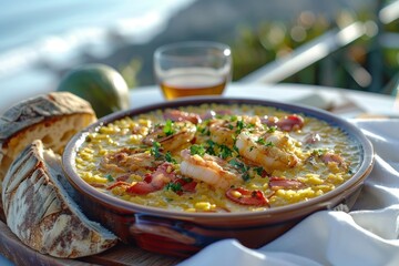 Enjoy brothy rice with lobster and saffron served in a shallow pot, paired with crusty bread and a coastal ambiance