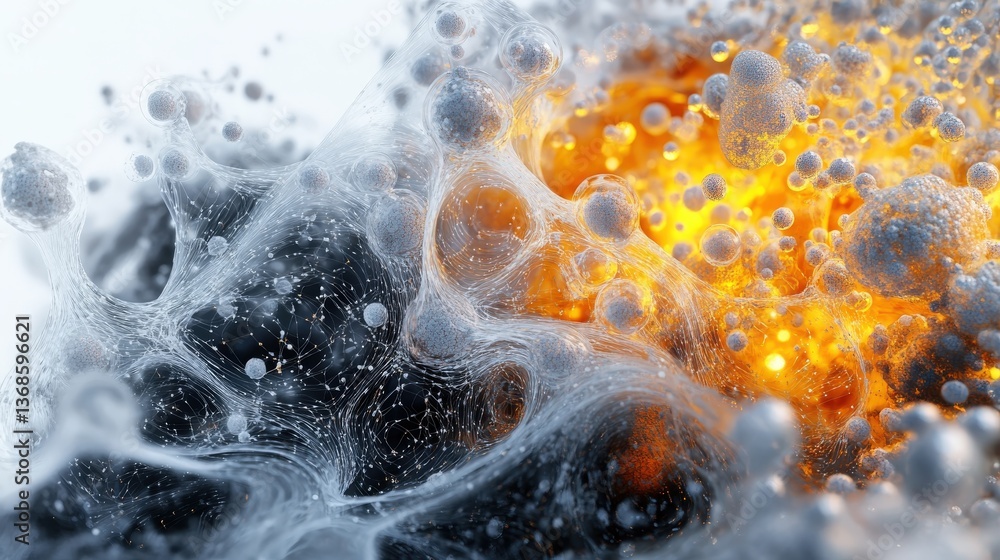 Poster an abstract image of glowing organic cellular structures and spheres