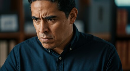 Obraz premium Serious hispanic adult male deep in thought indoors