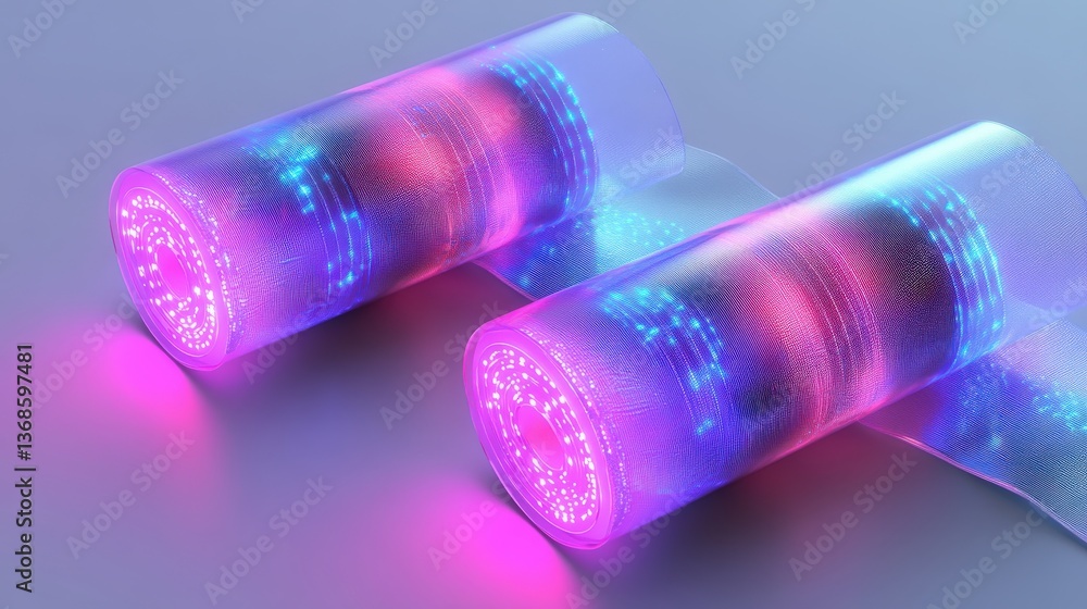 Poster two luminous cylindrical objects with glowing colorful lights displayed together