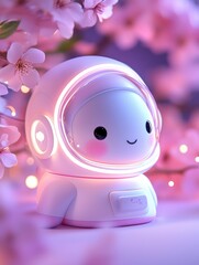 A cute astronaut figurine surrounded by pink blossoms in a dreamy atmosphere.
