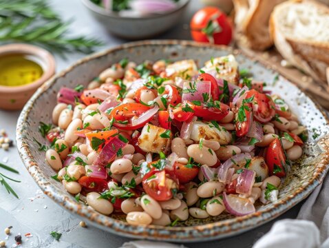 Chilled empedrat Catalan salad features white beans, cod, tomato, and onion, enjoyed at a relaxed picnic with friends