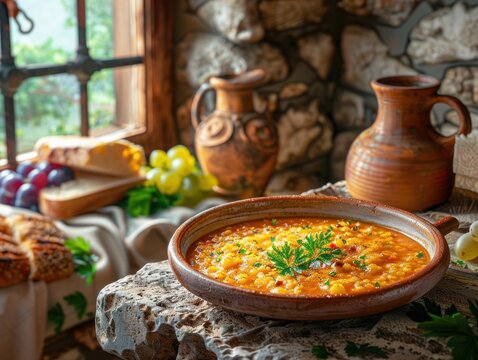 Gachas Manchegan porridge with garlic and paprika is served with fried bread and grapes in a cozy, rustic kitchen