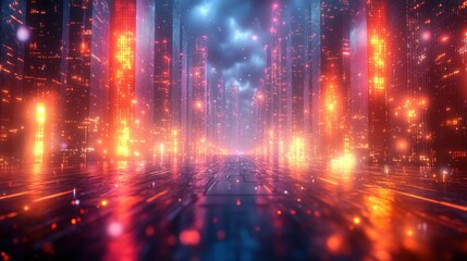 Fototapeta premium Futuristic city lights glow vibrant red orange