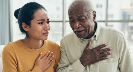 Young asian female and elderly african male sharing emotional moment indoors