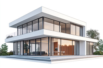 Modern two story house with large windows on white background