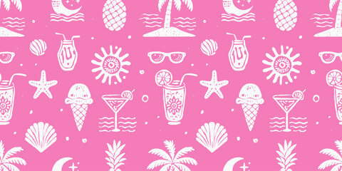 Seamless summer vacation pattern with tropical elements like pineapples, palm trees, starfish, ice cream, drinks, sunglasses, and seashell on a bright pink background, perfect for beach-themed designs
