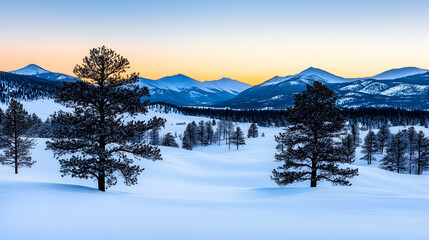 Serene winter sunrise over snow-covered valley and mountain range