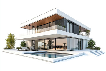 Modern house with pool and large windows on white background