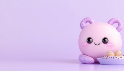 A cute, smiling plush toy sits beside a bowl of snacks on a subtle purple background.