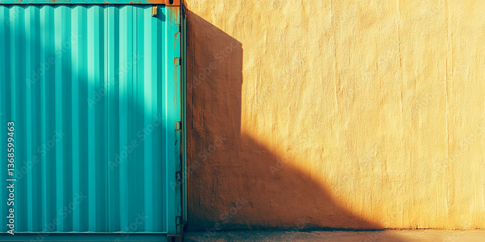 Poster teal shipping container beside yellow wall, creating a vibrant contrast, showcasing free space for t