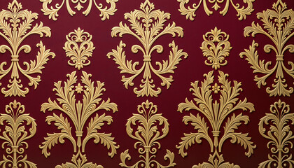 Fototapeta premium Elegant gold and burgundy damask wallpaper pattern 
