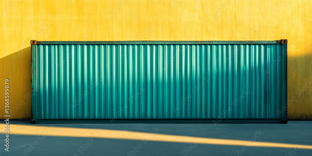 Poster Teal shipping container against yellow wall, creating a vibrant color contrast.  Showcase ideal for product display or graphic design background. Free space for text or logo