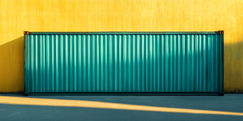 Teal shipping container against yellow wall, creating a vibrant color contrast.  Showcase ideal for product display or graphic design background. Free space for text or logo
