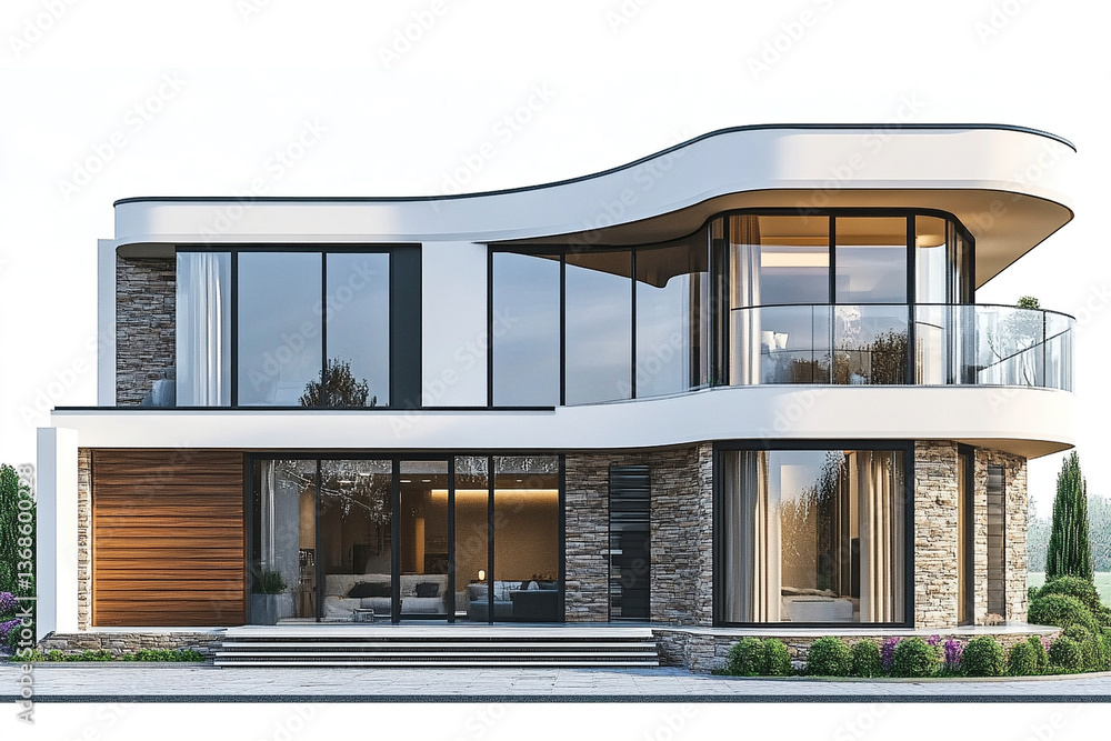 Poster modern house with large windows and curved design on white background