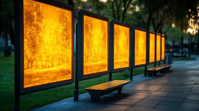 Illuminated park pathway with backlit photo panels.