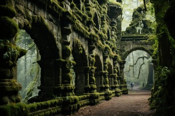 Naklejka premium Mossy stone ruins path forest mystery
