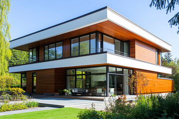 Modern house with wooden facade and large windows in garden setting