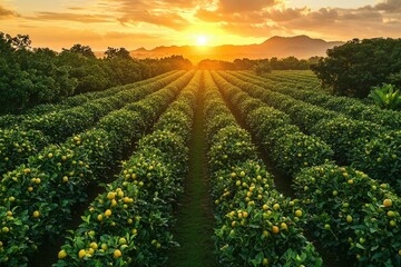 Naklejka premium Golden sunset bathes vibrant citrus orchard rows.