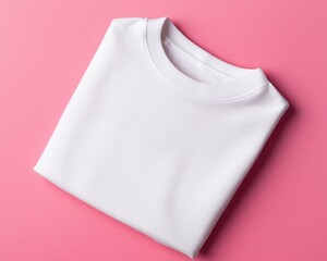 A neatly folded white t-shirt on a vibrant pink background for stylish presentation.
