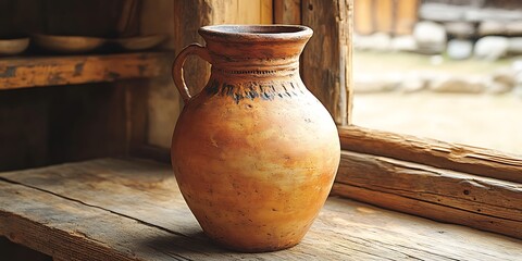 Rustic clay jug on wooden window sill.