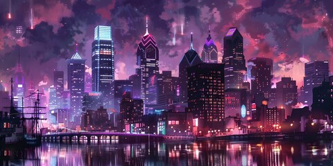 Philadelphia Skyline at Night, Capturing the Bright Lights and Iconic Landmarks of the City in a Beautiful Urban Nightscape