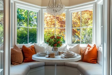 Elegant breakfast nook with white bench seating, soft pastel walls, garden-facing windows, and cozy morning ambiance